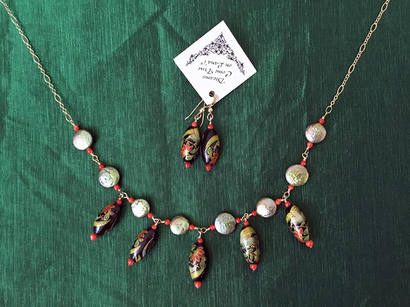 Hand Painted Ceramic Necklace and Earrings